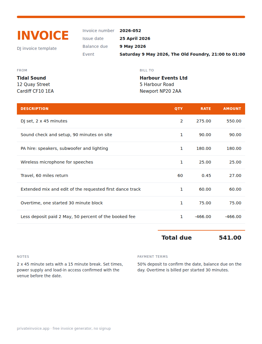 Filled DJ invoice example with itemized line items